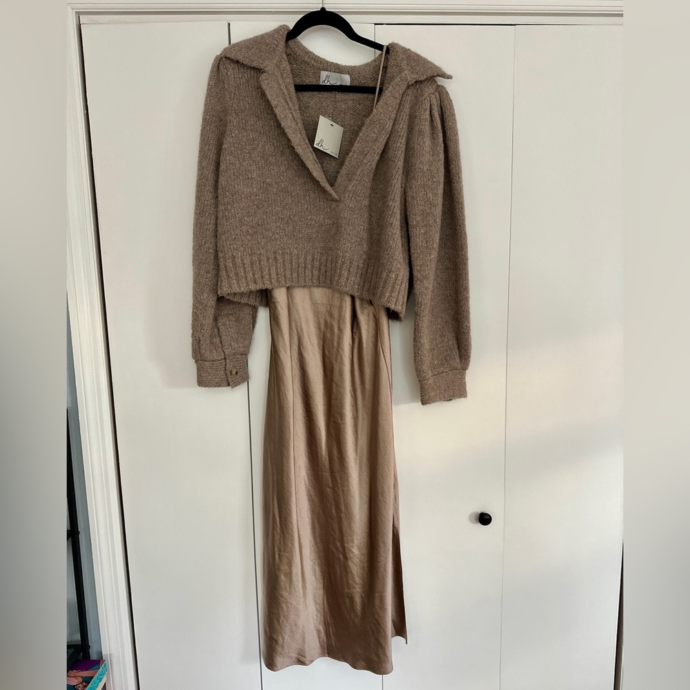 dh NEW YORK Tan Midi Dress with Knit Overlay
